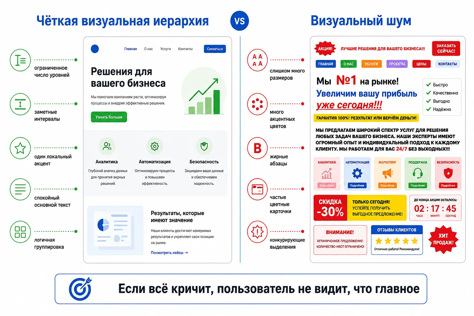 Сравнение ясной и шумной визуальной иерархии