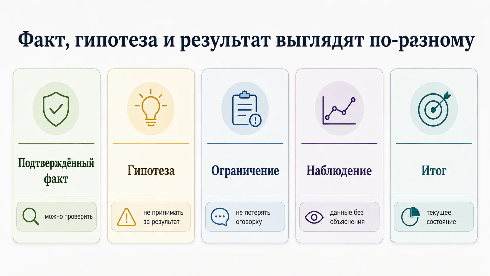 Как визуально отделить факт, гипотезу, наблюдение и итог на экспертной странице